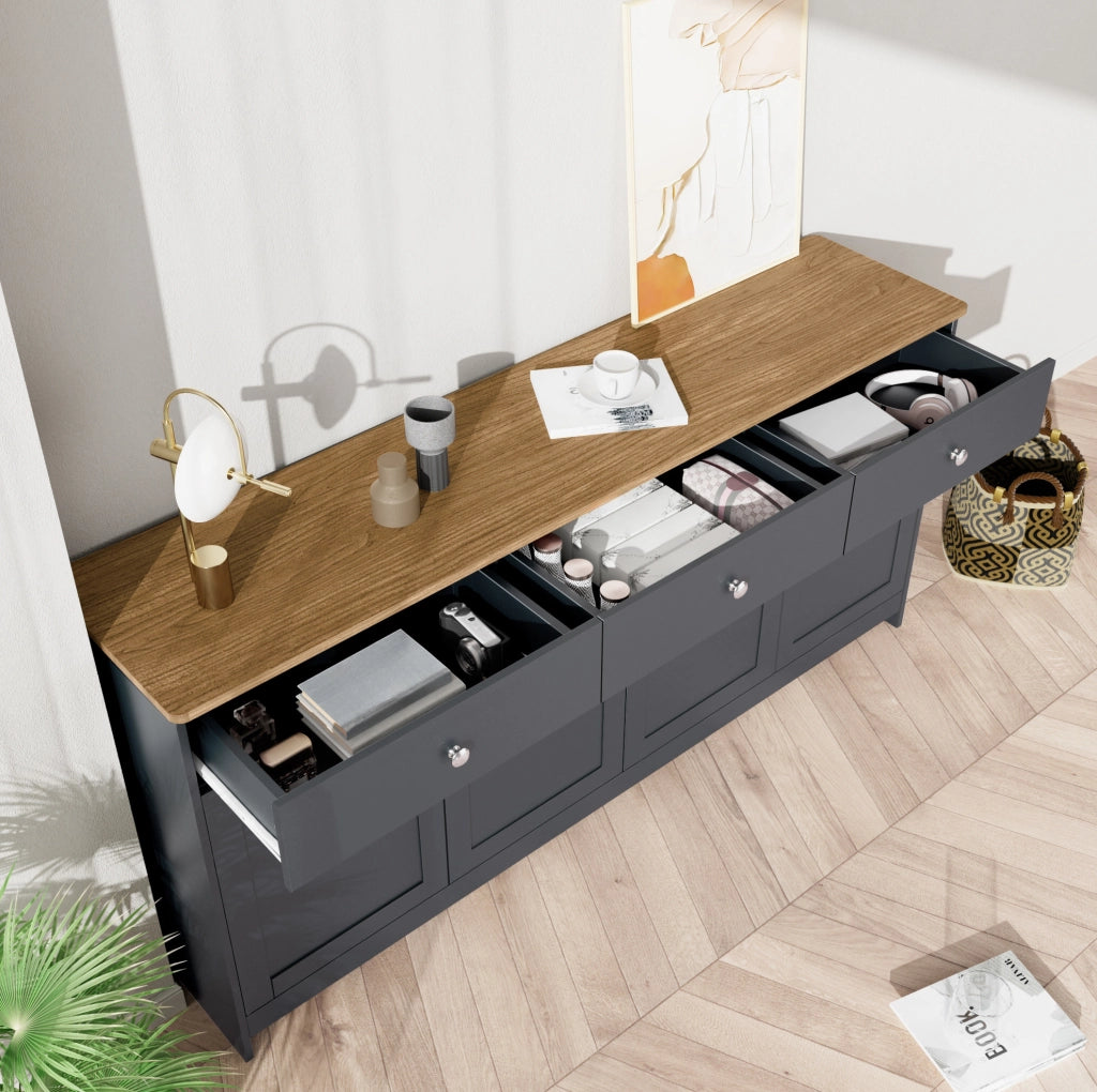 Sideboard in stile rustico grigio scuro e noce con 4 ante e 3 cassetti, 160 x 75 x 37 cm