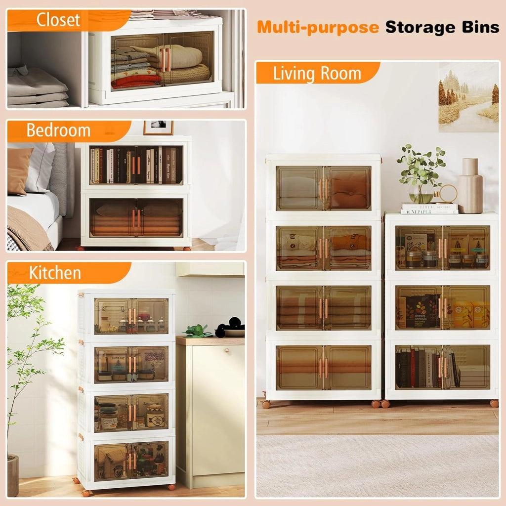 Contenitore di Archiviazione in Plastica, Organizzatore Impilabile con Coperchi e Porte, 4 Ruote, Scatole Organizzatore Pieghevoli per Soggiorno, Camera da Letto (62,5 x 34,5 x 130,5 cm)