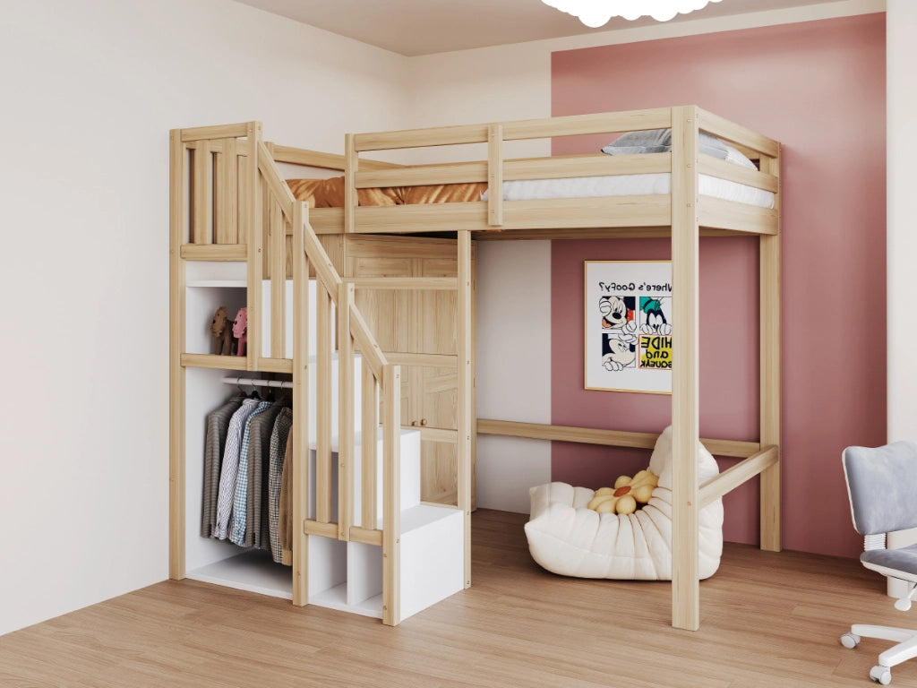 DESMIU Letto a soppalco 1 posto con scala contenitore e armadio, 90 × 200 cm, senza materasso, legno naturale