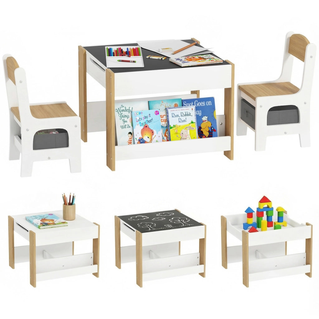 Tavolo per bambini con 2 sedie e piano reversibile ¨C Zephmum ¨C Grigio, Legno, 90x60x70 cm