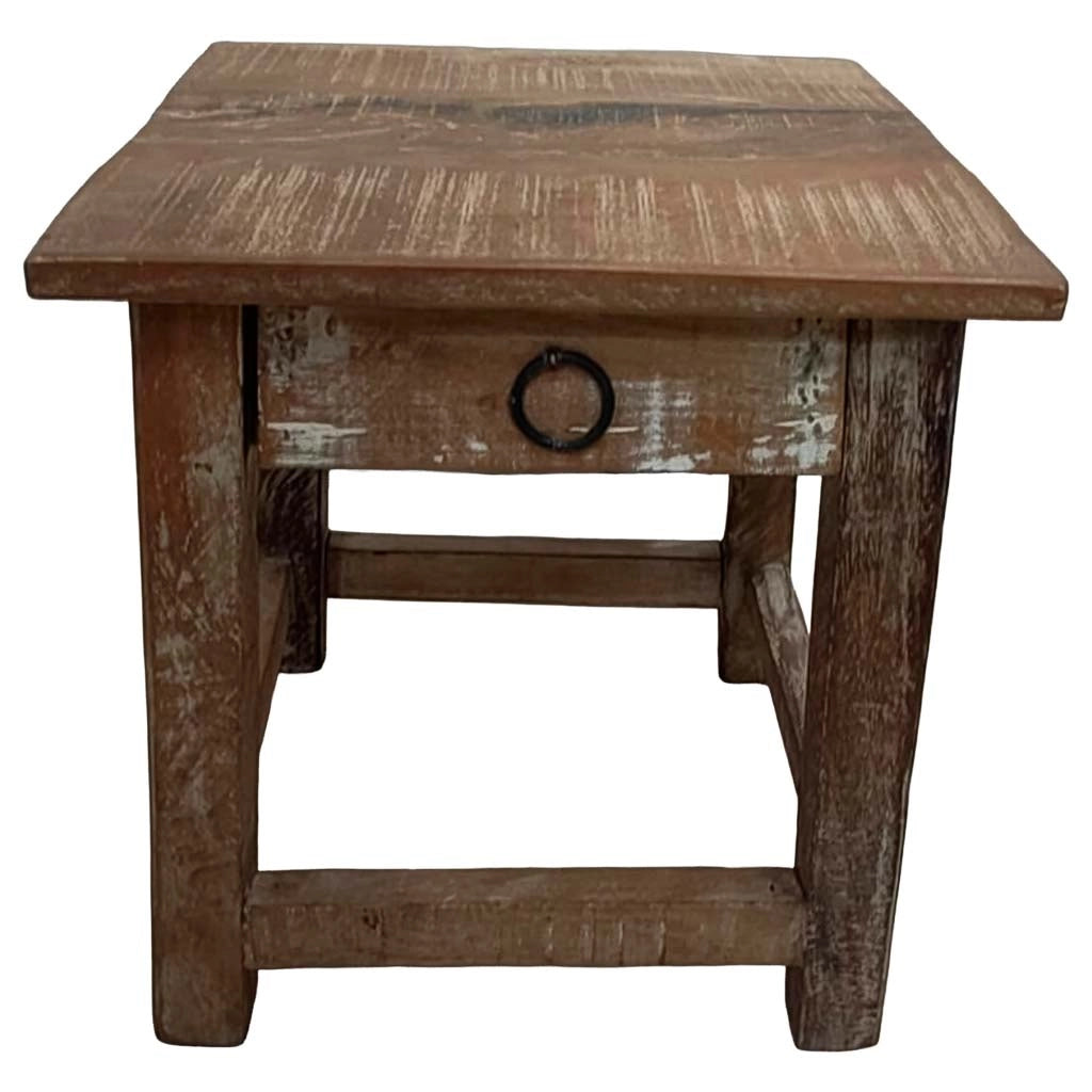 Sgabello con cassetto in legno con finitura artigianale marrone 25x25x29 h cm