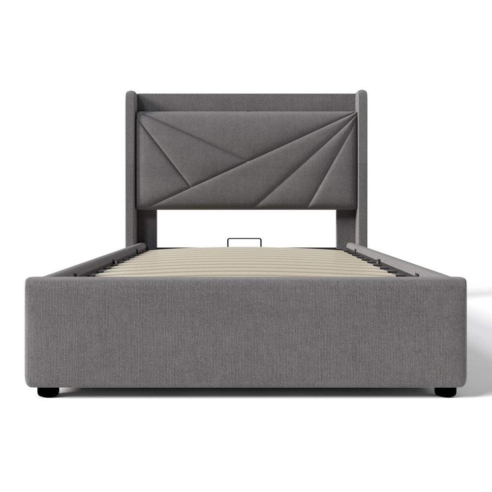 Letto Singolo Imbottito con Contenitore e USB ¨C MINIMAL ¨C Tessuto Lino 90x200