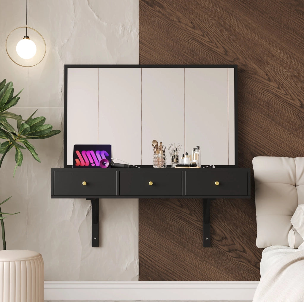 Toeletta con specchio; 3 cassetti; prese integrate e supporto tablet; nero; 100 × 105 × 45 cm