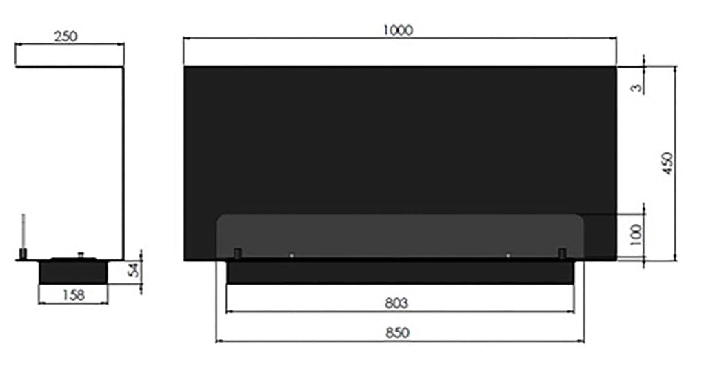 Camino a Bioetanolo da Incasso 100x45 cm Inside C 1000 V1 Nero con Vetro