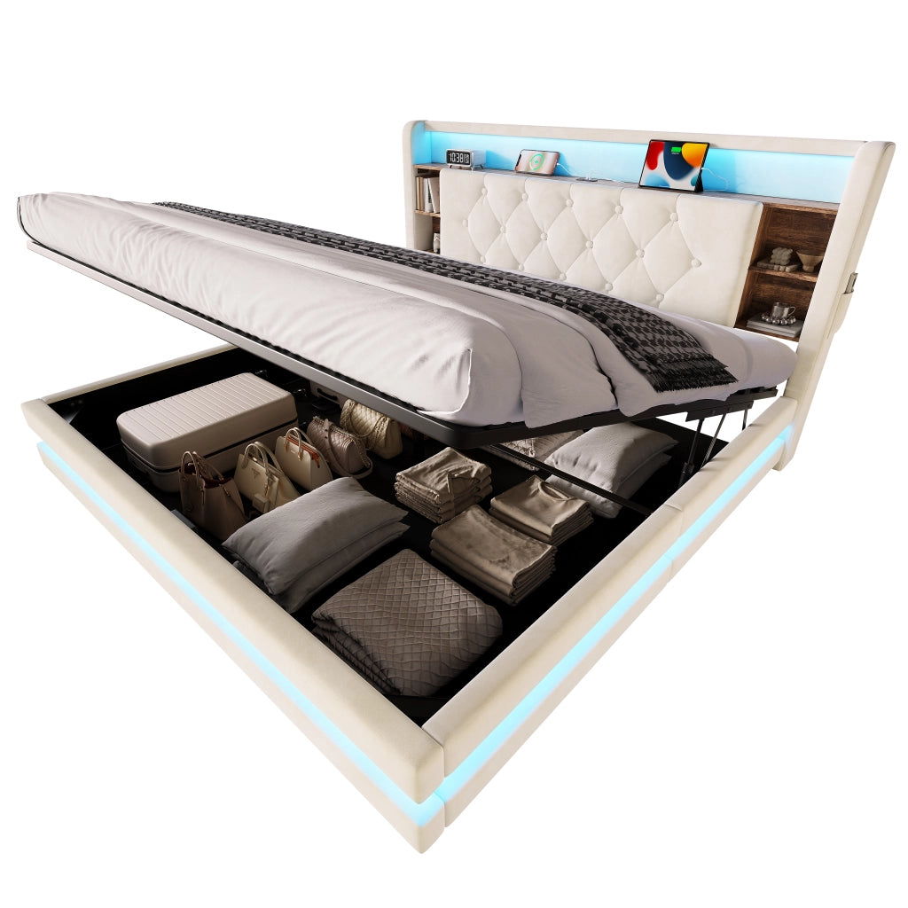 Letto Contenitore 160x200 cm; Letto Matrimoniale con LED; USB e Type-C; in Velluto Beige