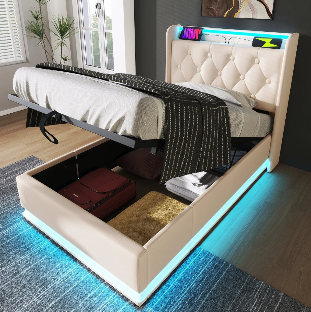 Letto singolo 90x200 cm in PU bianco con LED 360°, USB e contenitore, con materasso