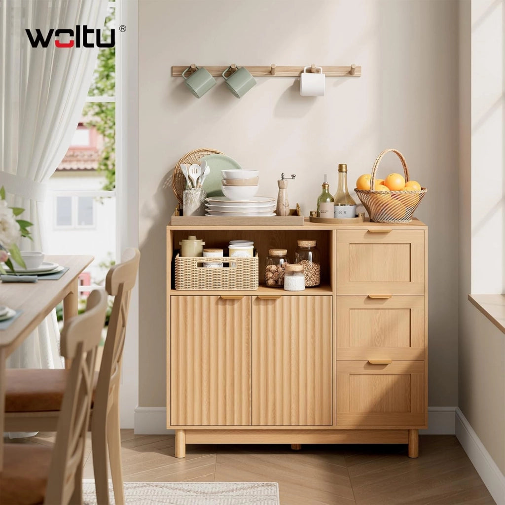 Credenza con 3 Cassetti, 2 Ante e 1 Scomparto Aperto, Mobile da Cucina Salvaspazio in Legno, con Ripiano Regolabile, per Soggiorno, Cucina, 90x35x80 cm, Effetto Legno