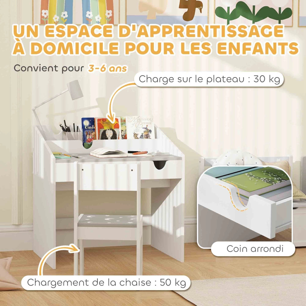 Scrivania per bambini con sedia ¨C zephmum ¨C Grigio, con cassetto e scaffale, motivo stellato