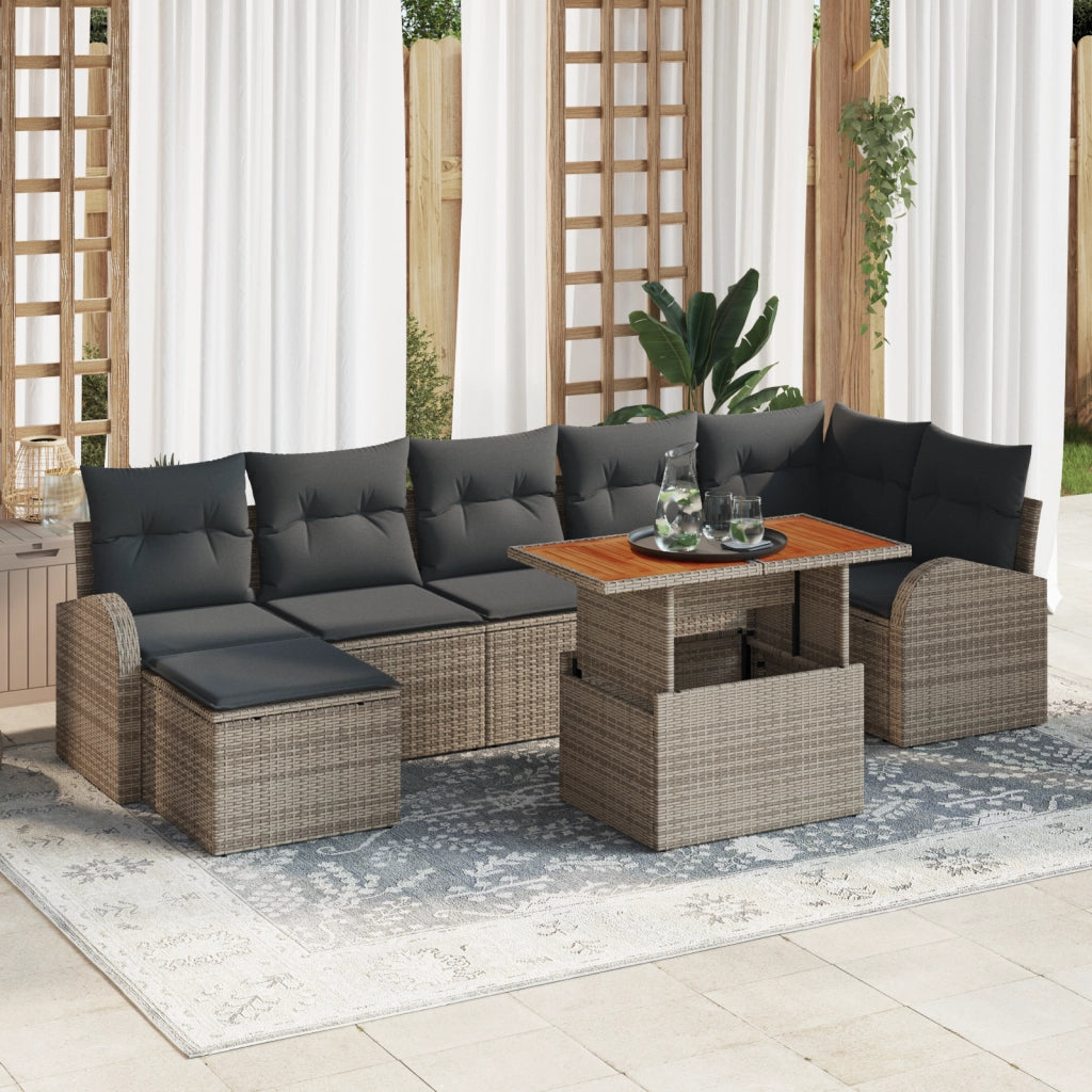 Set Pranzo Giardino 8 Pezzi con Cuscini Grigio Poly Rattan Acacia