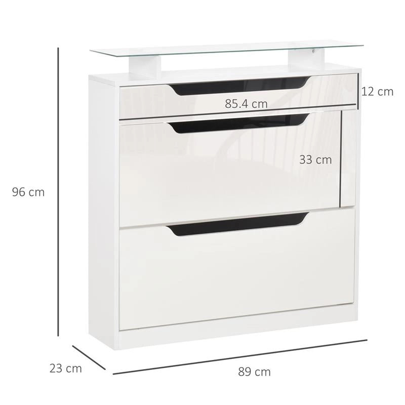 SCARPIERA MODERNA, 2 CASSETTI PER 16 SCARPE CON MENSOLA REGOLABILE E RIPIANO IN VETRO, 89X23X96CM, BIANCO LUCIDO