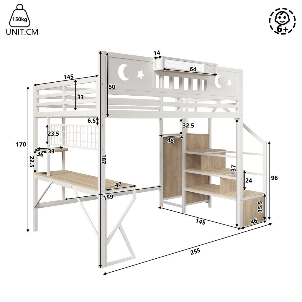 Letto a soppalco 140x200 cm con scrivania; pannello pegboard; ripiani; LED; USB e gambe a K; metallo bianco