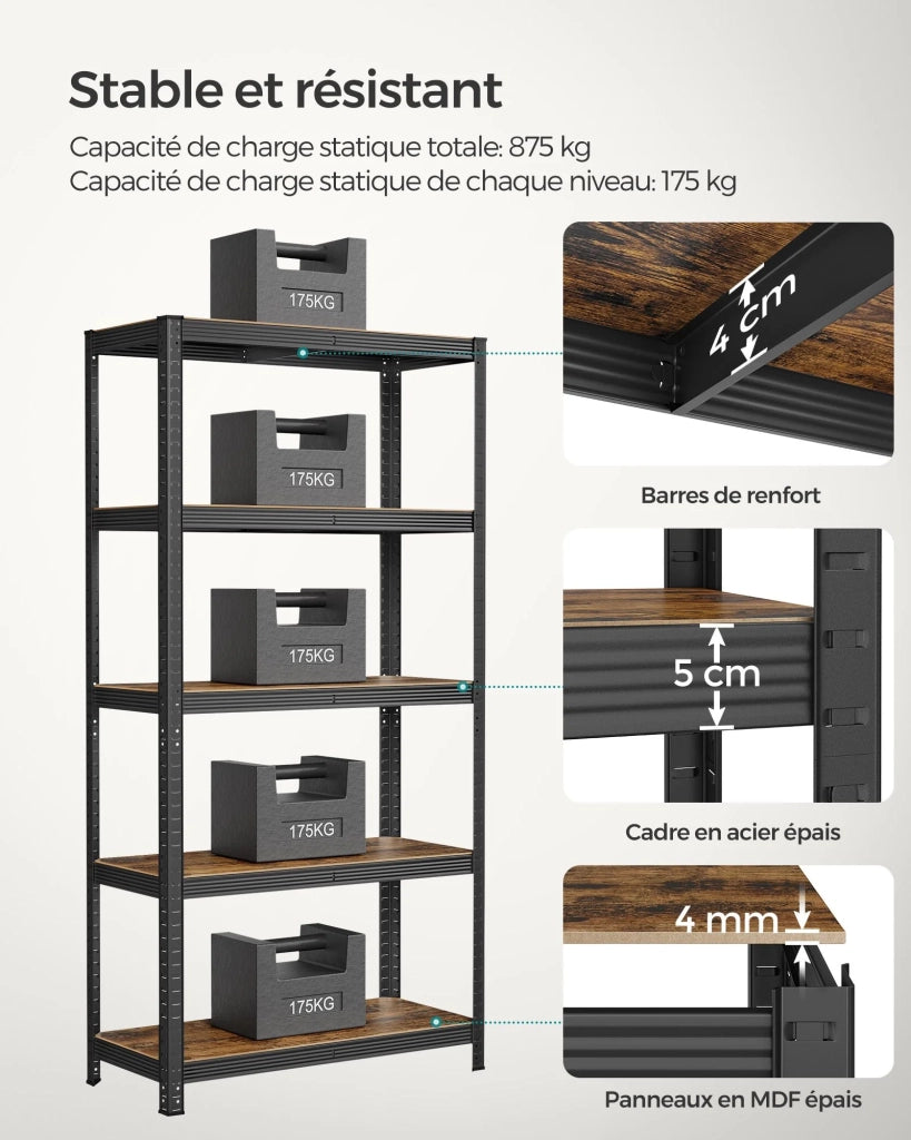 Scaffalatura metallica per carichi pesanti 180 x 90 x 40 cm 5 ripiani portata totale 875 kg (175 kg/ripiano) ripiani regolabili per garage/cantina nero 12_0...