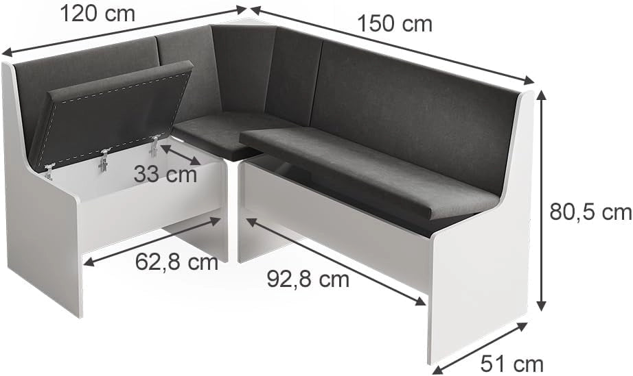 panca ad angolo Ramon, Bianco, 150 x 51 cm con spazio di archiviazione, con vano portaoggetti sotto la seduta per spazio aggiuntivo