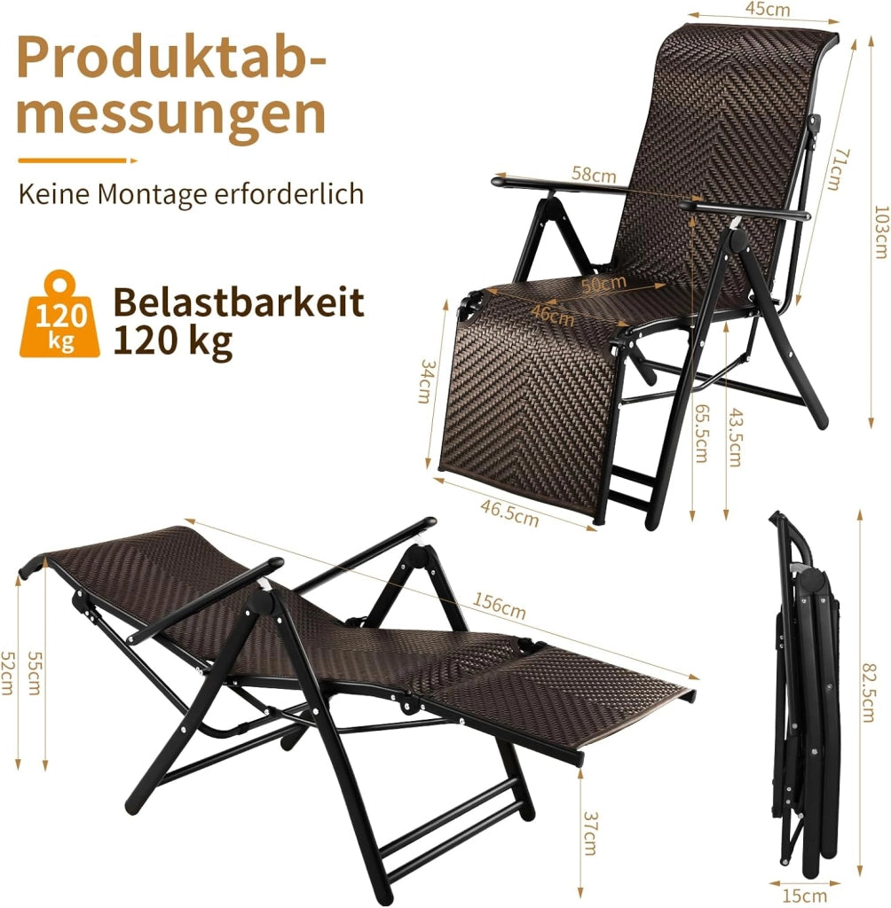 2 sedie a sdraio in rattan con poggiapiedi, sedie pieghevoli resistenti alle intemperie, con schienale regolabile in 7 posizioni, per balcone, giardino e terrazza