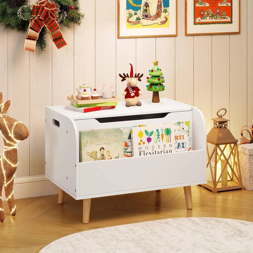 Cassapanca Portaoggetti per Bambini, con Libreria, Organizer per Giocattoli con 4 Gambe in Legno Massello e Coperchio Ribaltabile, per Sala Giochi e Asilo, 60x40x43 cm (Bianco)