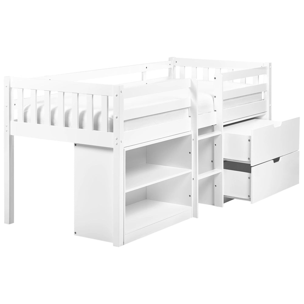 Letto per bambini in legno bianco UE misura singola 90 x 200 cm con telaio a doghe cassetti e ripiani letto per bambini piccoli