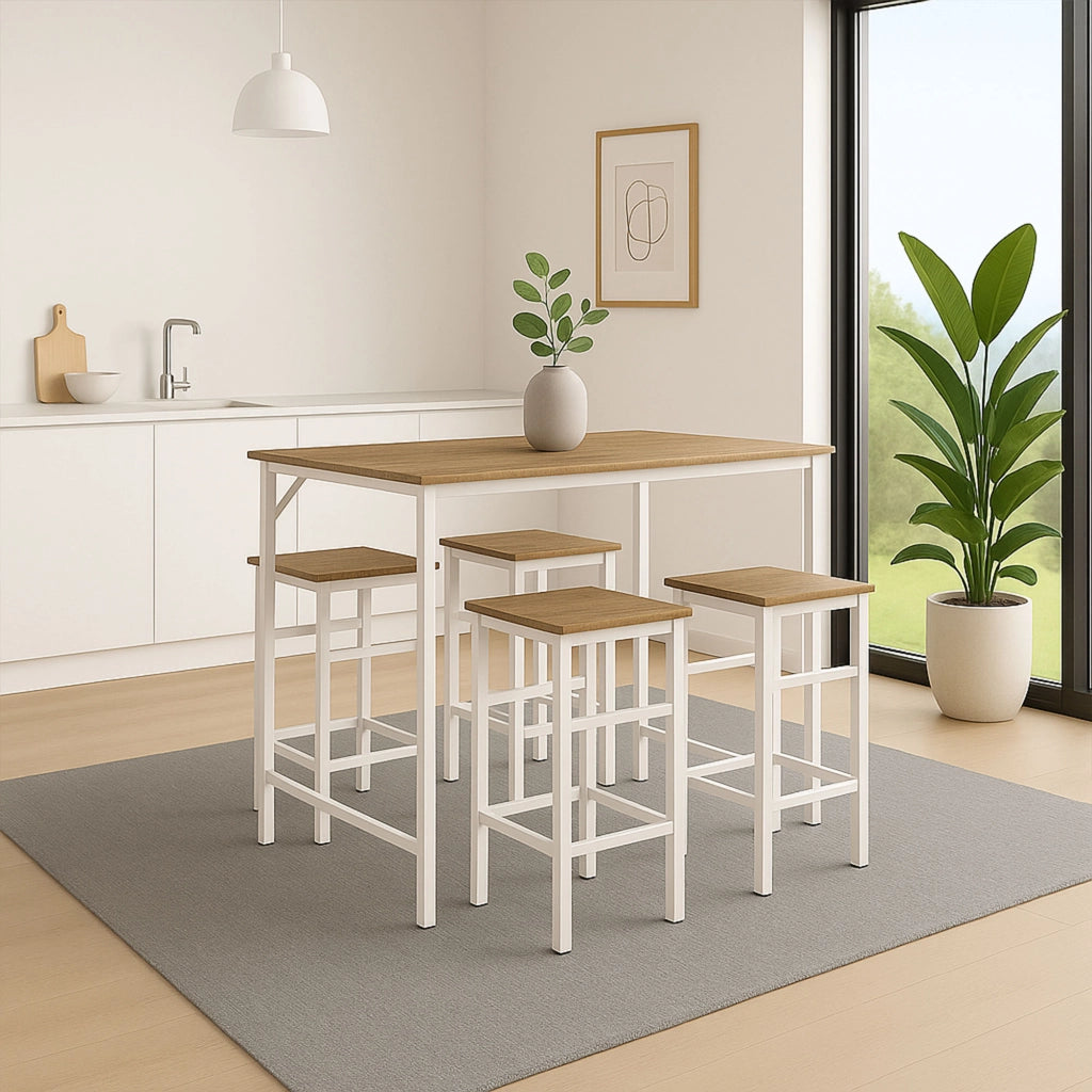 Sabi - Tavolo bar con 4 sgabelli quadrati in stile industrial oak, set angolo breakfast