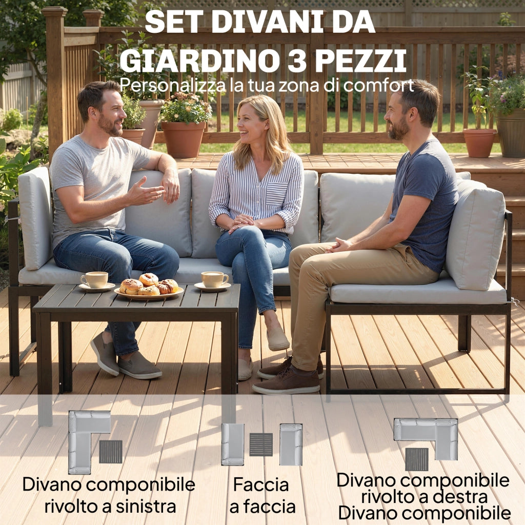 Set 3 Pezzi da Giardino con Divano Angolare Modulabile 4 Posti e Tavolino a Doghe in Metallo e Poliestere Grigio