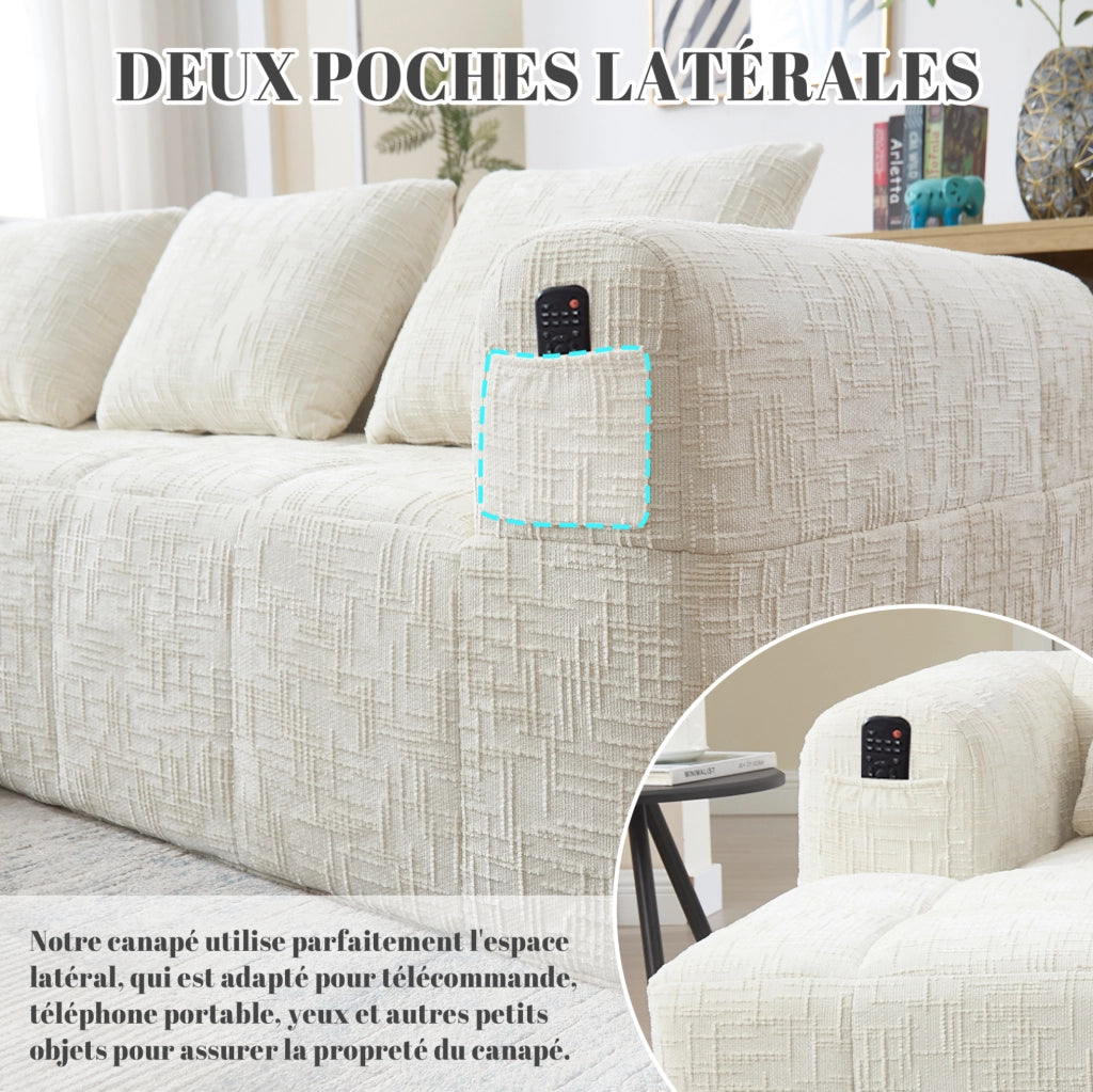 Divano modulare a L 3 posti in chenille beige con chaise longue e braccioli, dimensioni 250x158x60 cm