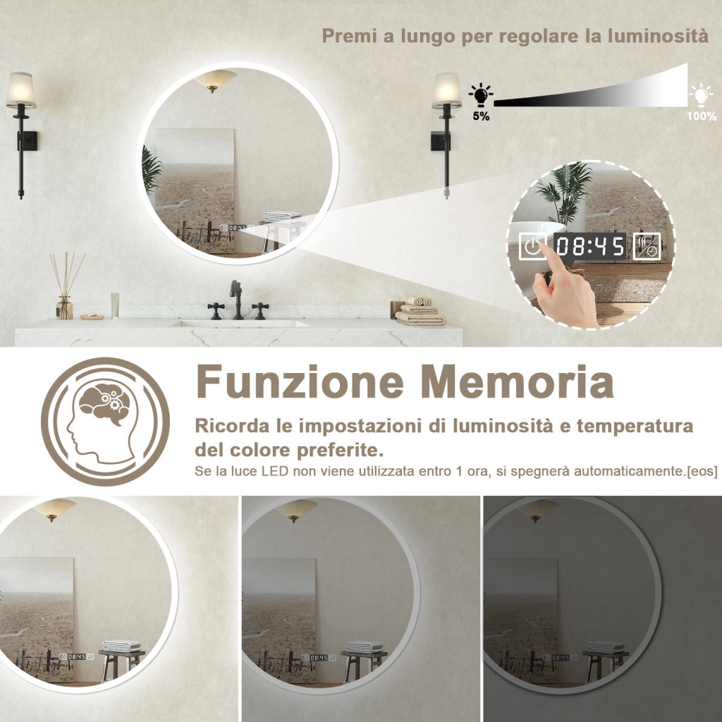 Specchio bagno Tondo 60cm Led Con 3 Luci + Orologio + Antiappannamento