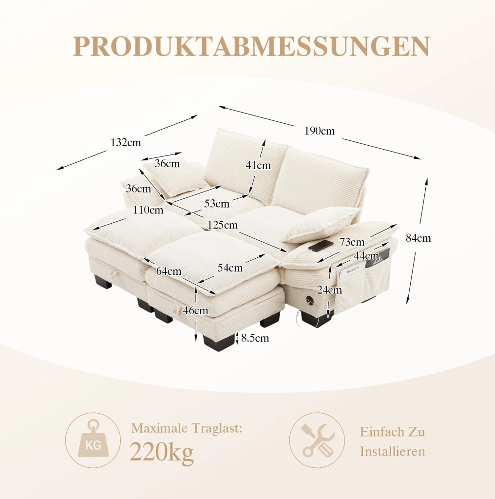 Divano modulare 2 posti in velluto a coste beige con 2 pouf