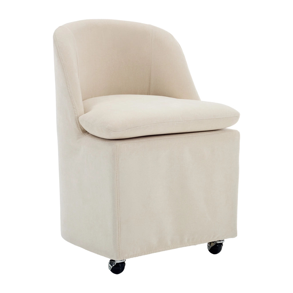Set 2 sedie da pranzo in chenille beige con ruote girevoli 360°, senza braccioli, rivestimento sfoderabile