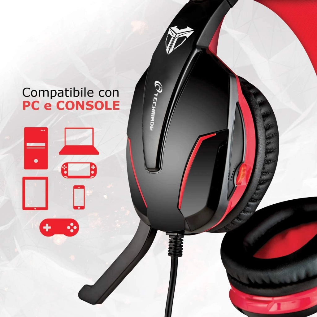 TECHMADE CUFFIE GAMING MULTIMEDIALI ROSSO/NERO PC CONSOLLE SMARTPHONE