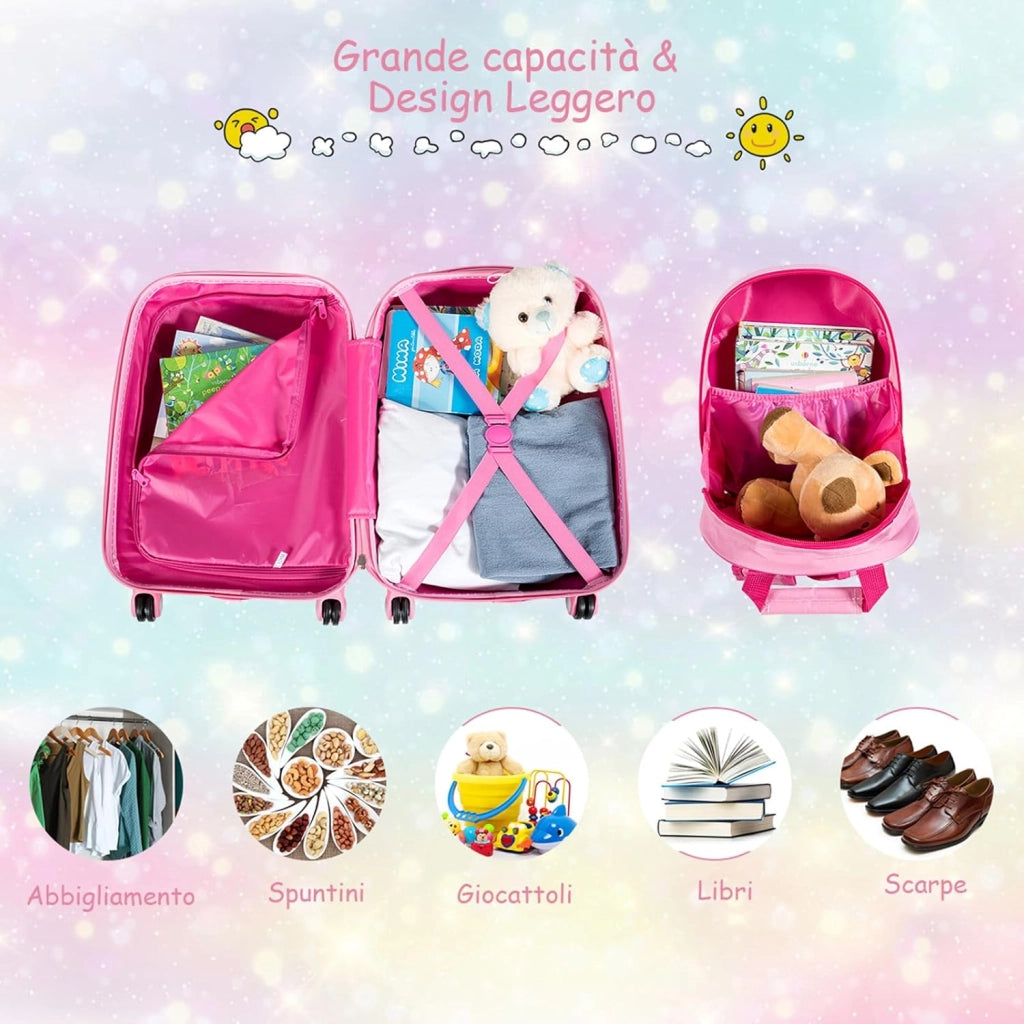 Set di Valigia per Bambini, 18" Valigia+ 12" Zaino, 2 Pezzi, con Ruote Girevoli a 360° e Maniglia Retrattile, Ideale per Viaggiare in Modo Comodo e Divertente (Modello 3)