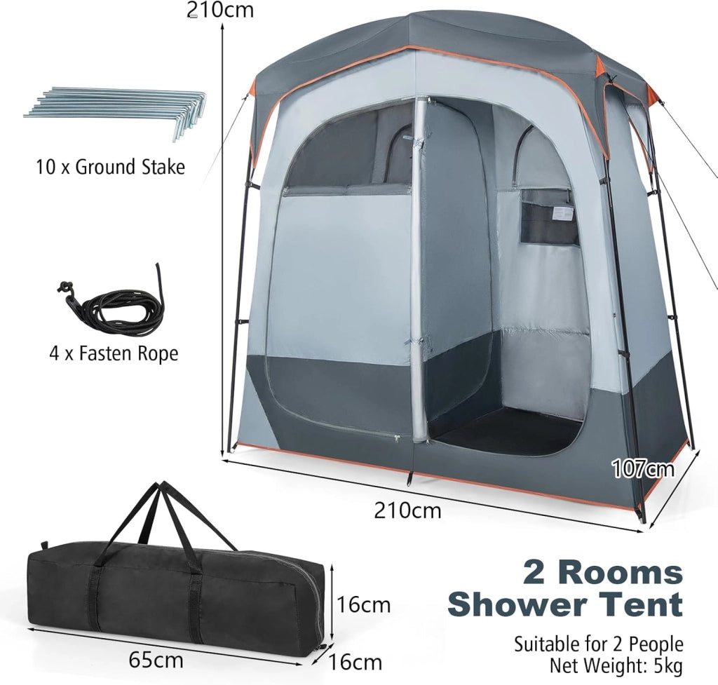 Tenda da campeggio per doccia per 2 persone, spogliatoio con sacchetto di trasporto e copertura antipioggia rimovibile, tenda per servizi igienici, spogliatoio per esterni, 210 x 106 x 210