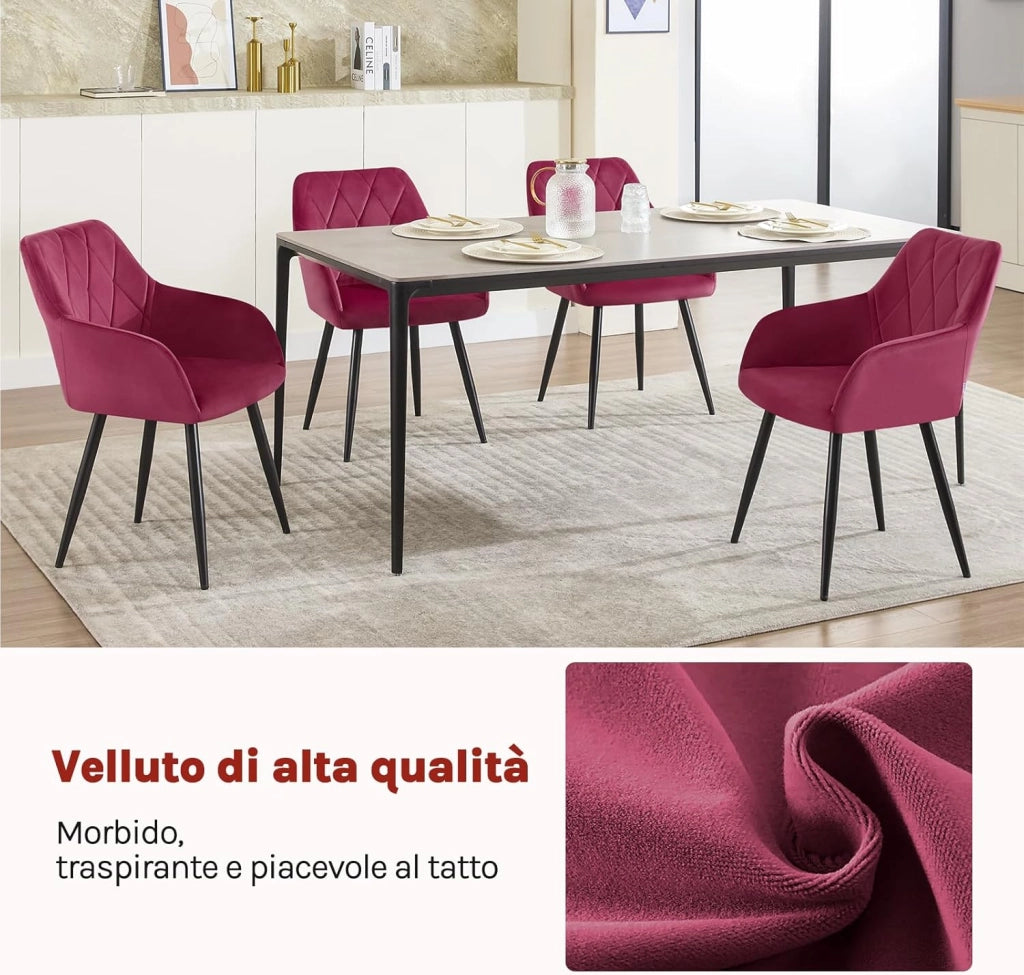 Set di 4 Sedie per Sala da Pranzo Imbottita, Poltroncina in Velluto,Sedia da Cucina con Braccioli e Schienale, Gambe in Metallo, Bordeaux, BH352bd-4