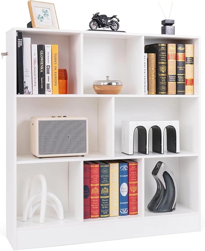 Libreria a 8 Cubi, Organizzatore di Stoccaggio a 3 Ripiani con 2 Kit Anti-Ribaltamento, Scaffale Multiuso in Legno per Soggiorno, Ufficio Stanza Bambini, 100x24x104 cm (Bianco)