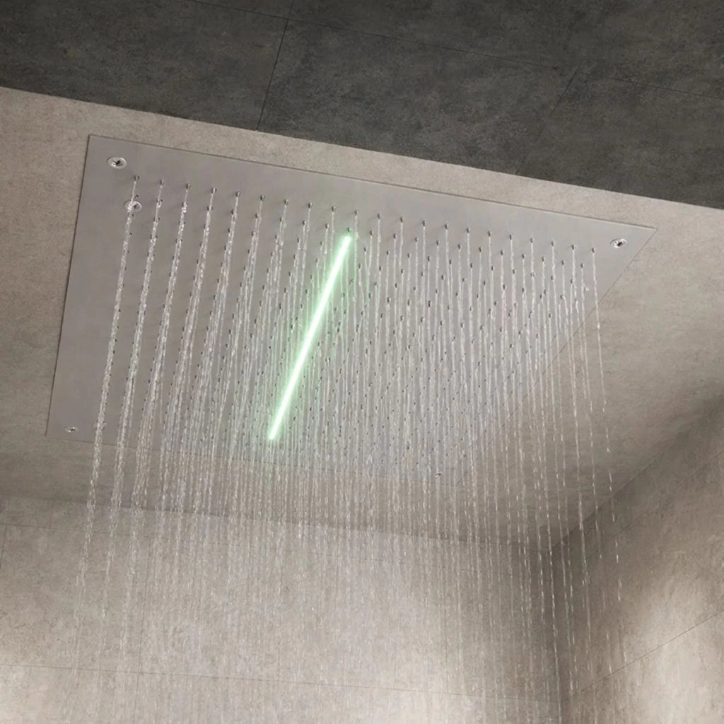 Soffione doccia led a soffitto installazione da incasso con cascata acciaio inox quadro