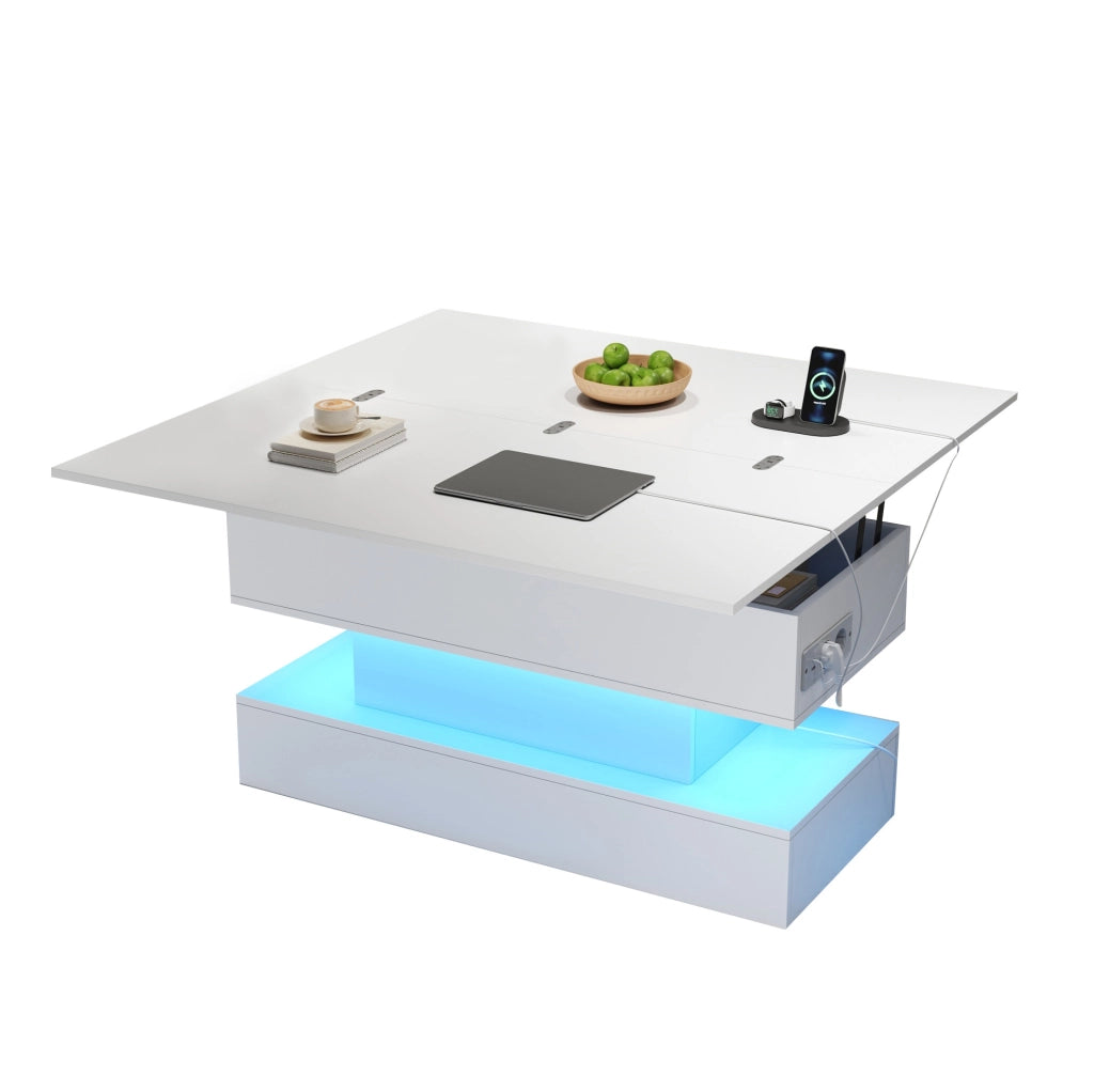 Tavolino da caffè 100x50x51.5 cm con piano sollevabile; vano contenitore e LED; truciolare bianco