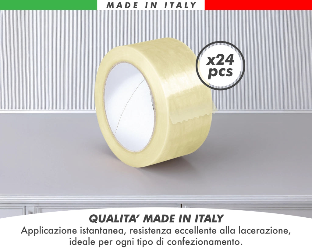 Nastro Adesivo Da Imballaggio Pacchi 50mm x 66 Metri Acrilico Resistente All'Acqua Silenzioso Sigilla Spedizioni Protezione Per Trasloco Prodotto Italiano Trasparente - 24 Rotoli