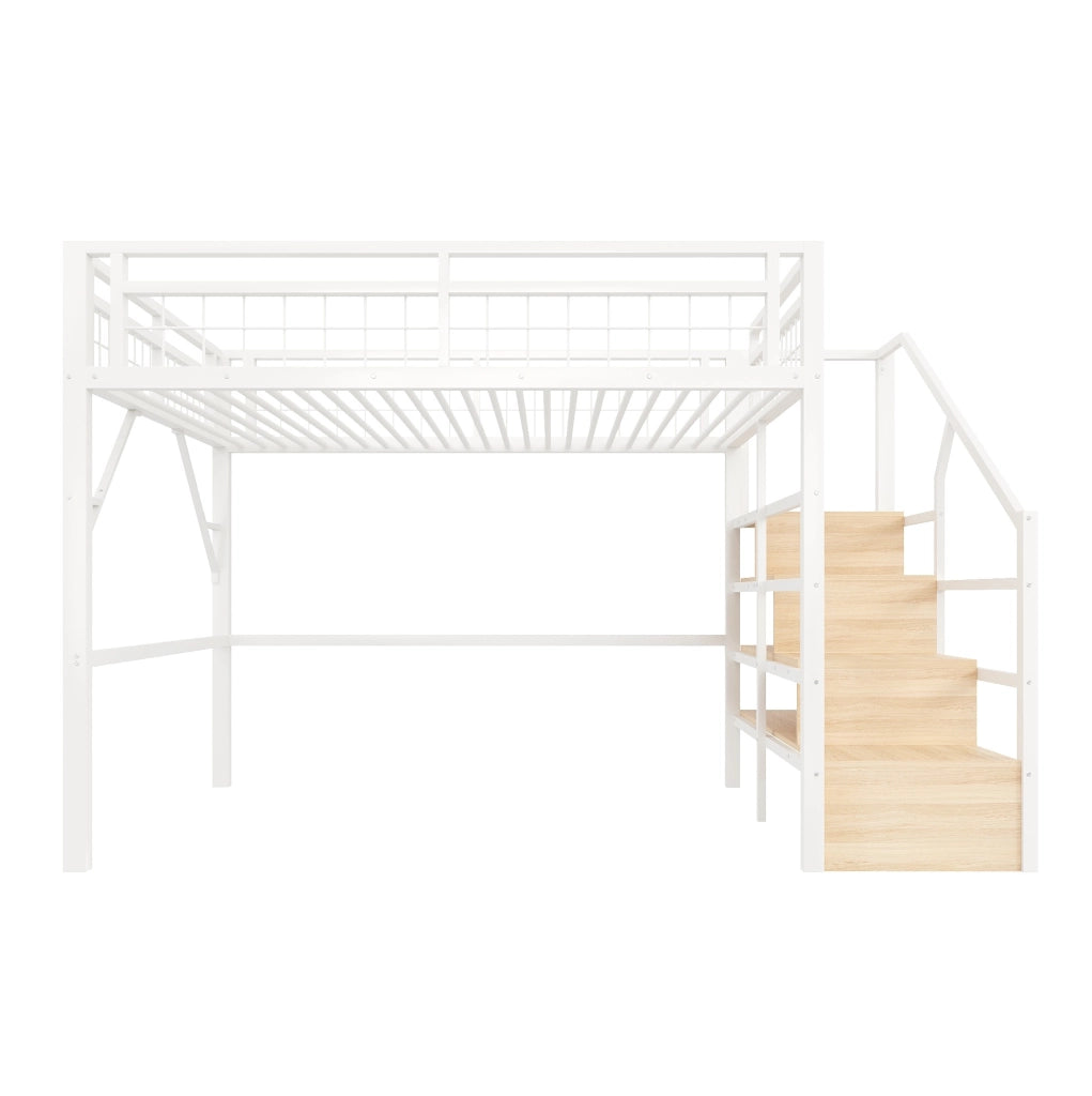 Letto a soppalco 140x200 cm con LED e scale contenitore bianco