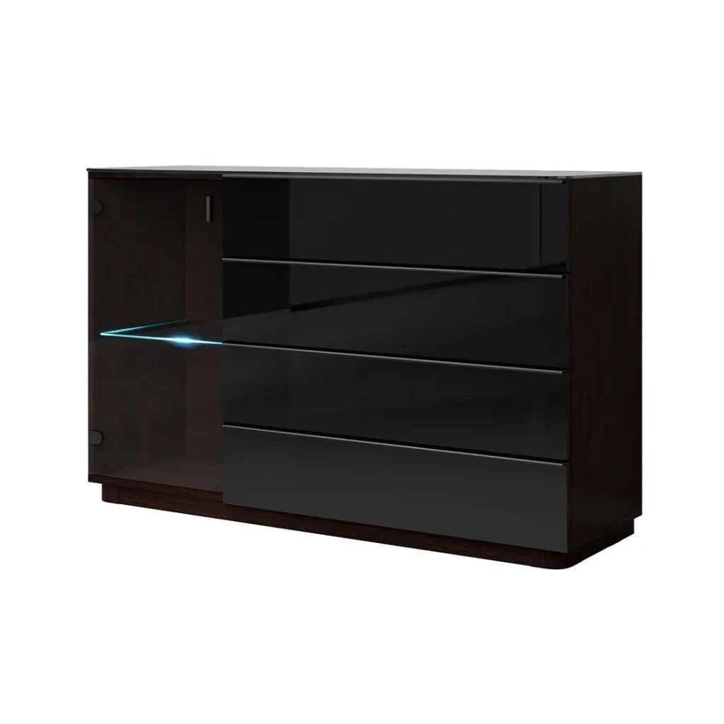 Credenza TONGA 138x87.5x43.5 cm con 4 cassetti, 1 porta e LED, colore wengé