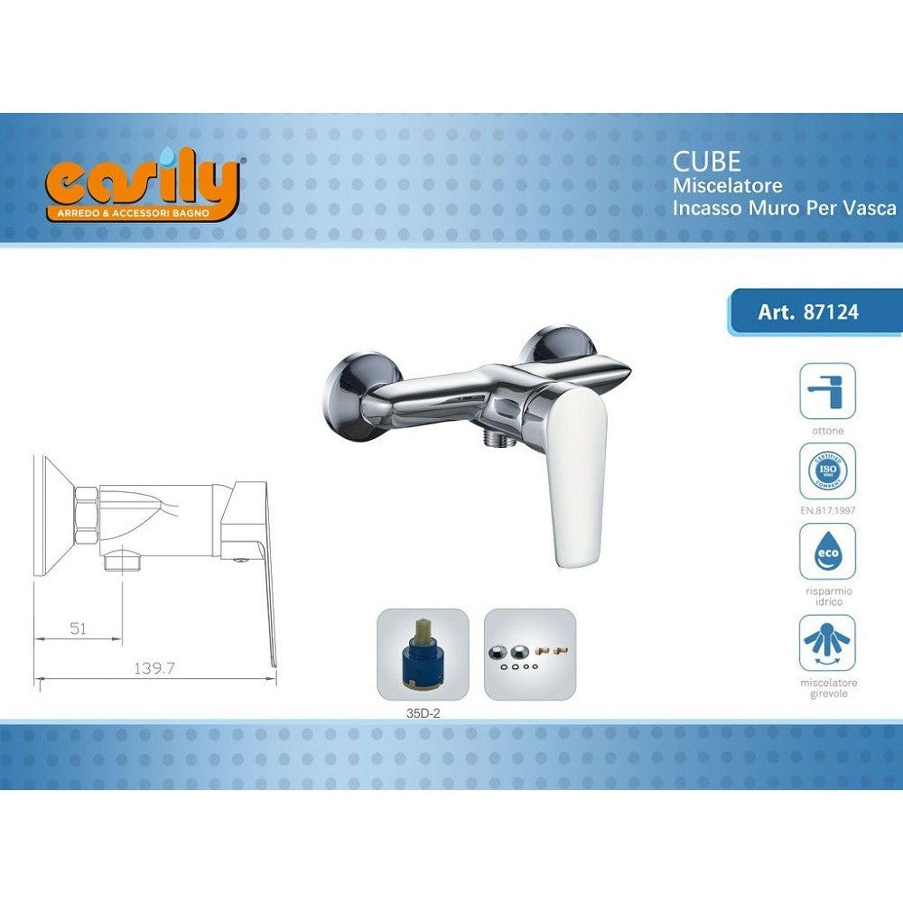 Trade Shop - Rubinetto Incasso Parete Per Vasca Tubo Flessibile Doccetta Miscelatore Cube87124 -