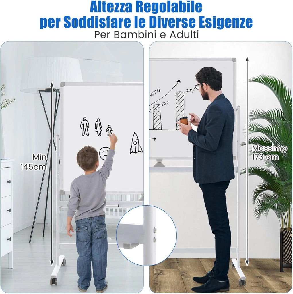 Lavagna Bianca Mobile 120 x 80 cm, Lavagna a Doppia Faccia Magnetica Cancellabile a Secco con Cavalletto e Ruote, Altezza Regolabile 2 Livelli, Accessori Completi (Bianco)