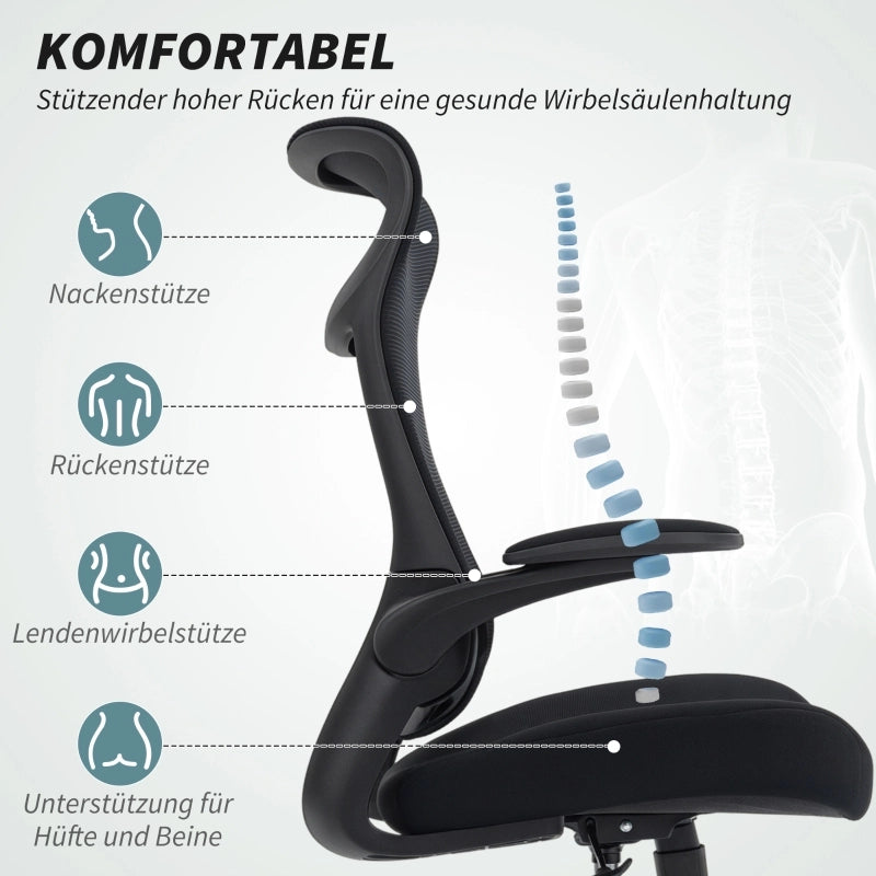 Sedia da ufficio ergonomica con braccioli regolabili, schienale in rete traspirante, poggiatesta e reclinazione nera