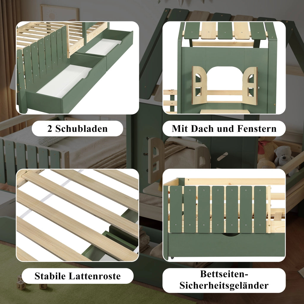 LETTO A CASetta 90x200 cm Verde e Naturale con 2 Cassetti