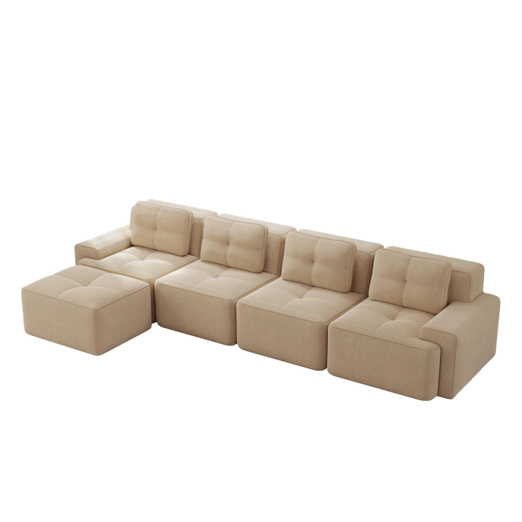 Divano Modulare Chaise Longue 4 Posti ¨C MINIMAL ¨C Velluto a Coste Beige, Senza Montaggio
