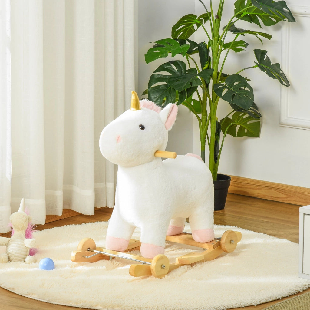 Cavallo a Dondolo Unicorno per Bambini con Suoni e Ruote ¨C zephmum ¨C 63x38x63cm Bianco