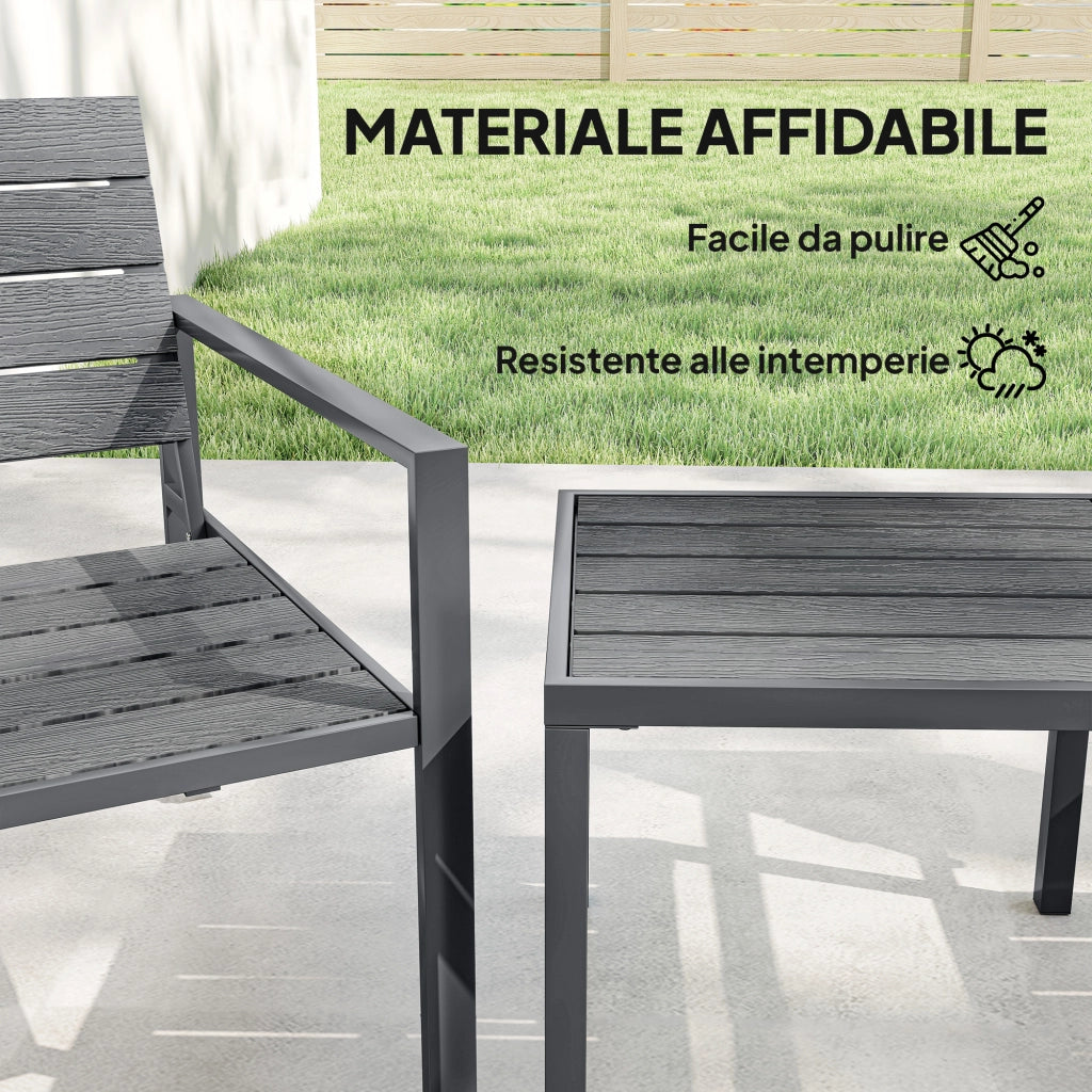 Set da Giardino 3pz con 2 Sedie da Esterno e Tavolino da Caff¨¨, in HDPE e Metallo, Grigio Scuro
