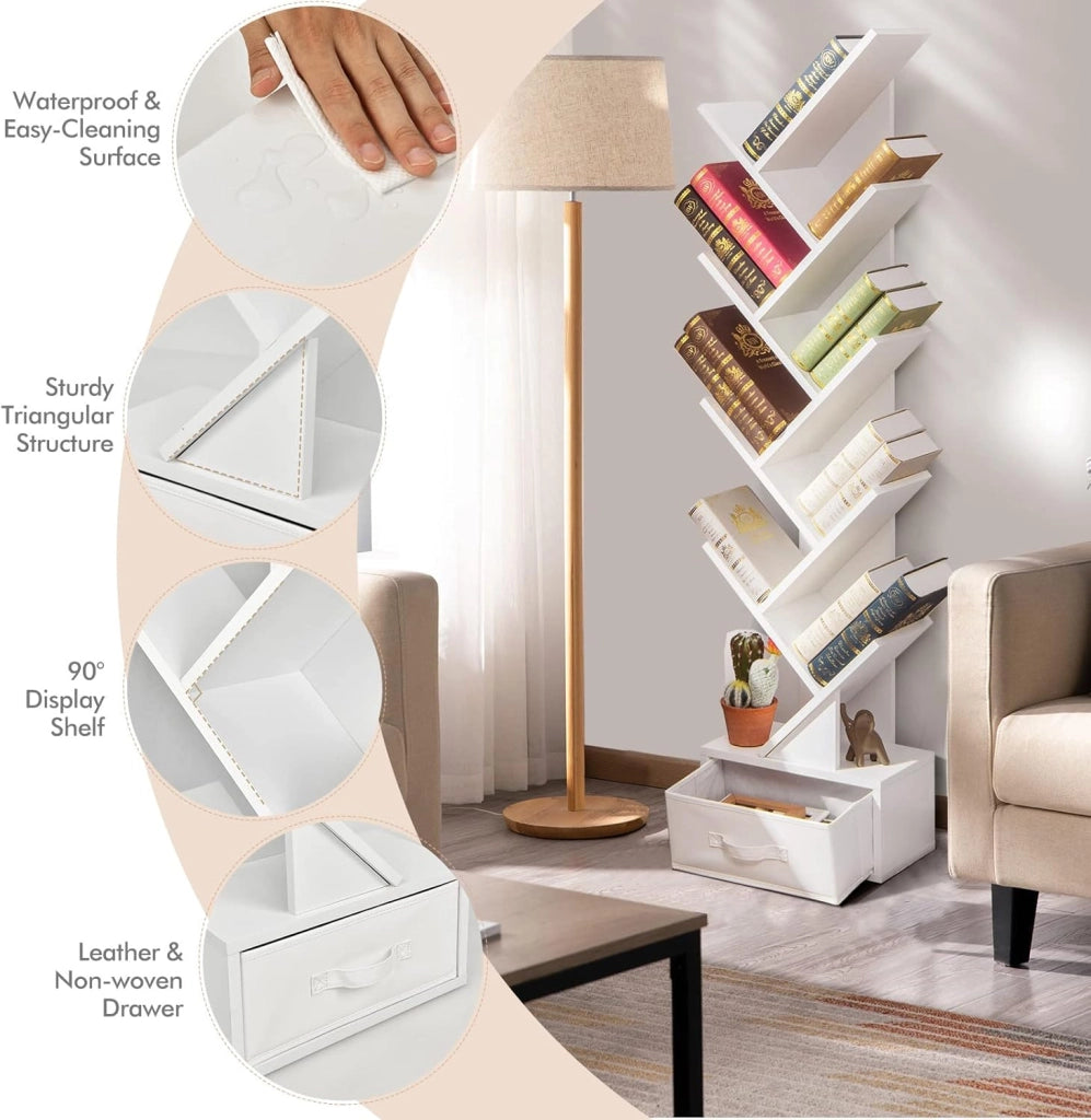 Libreria ad Albero, a 8 Ripiani, Scaffale per Libri con Cassetto Rimovibile, Design di Antiribaltamento, Organizzazione per CD, Riviste, Libri, 38x20x149,5 cm, 4 Colori (Marrone)