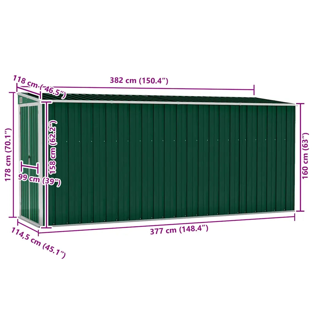 Capanno Giardino a Parete Verde 118x382x178 cm Acciaio Zincato 316229