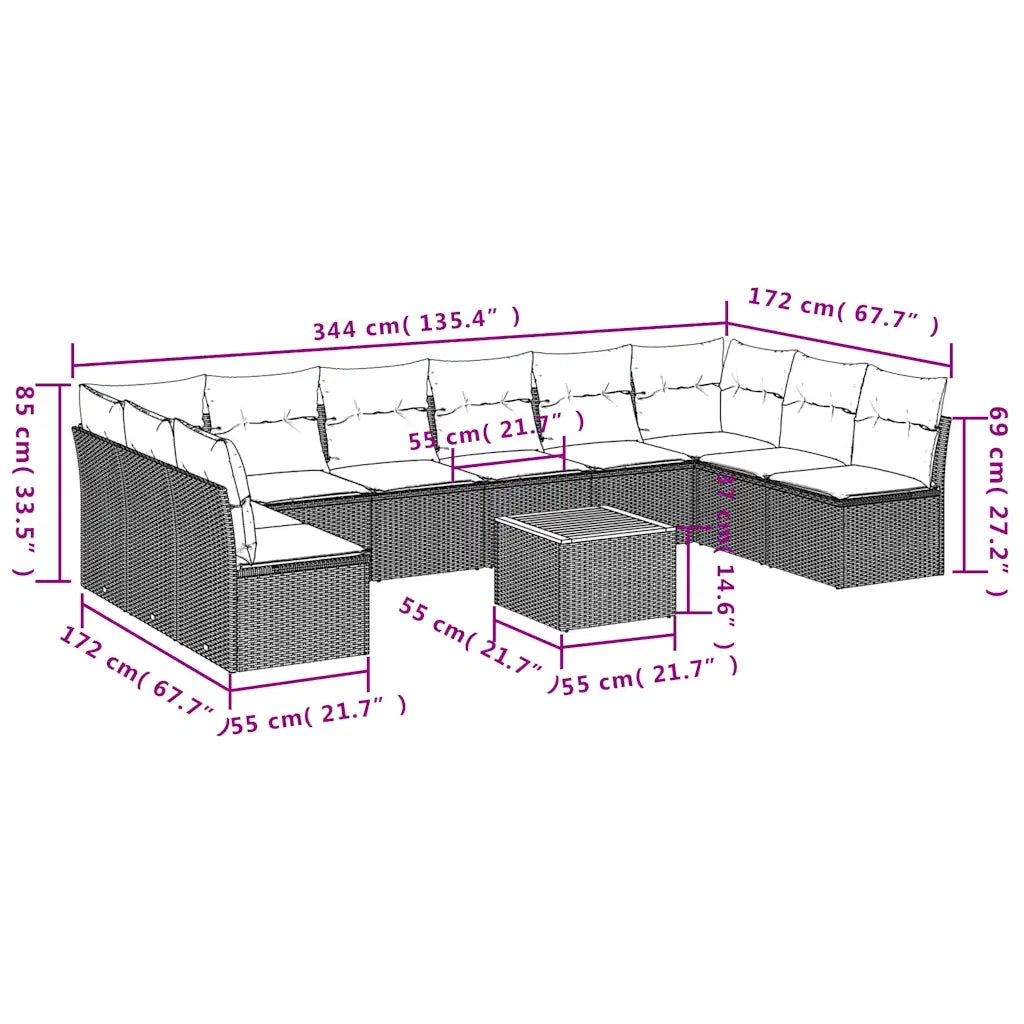 Set Divani da Giardino 11 pz con Cuscini in Polyrattan Nero 3256127