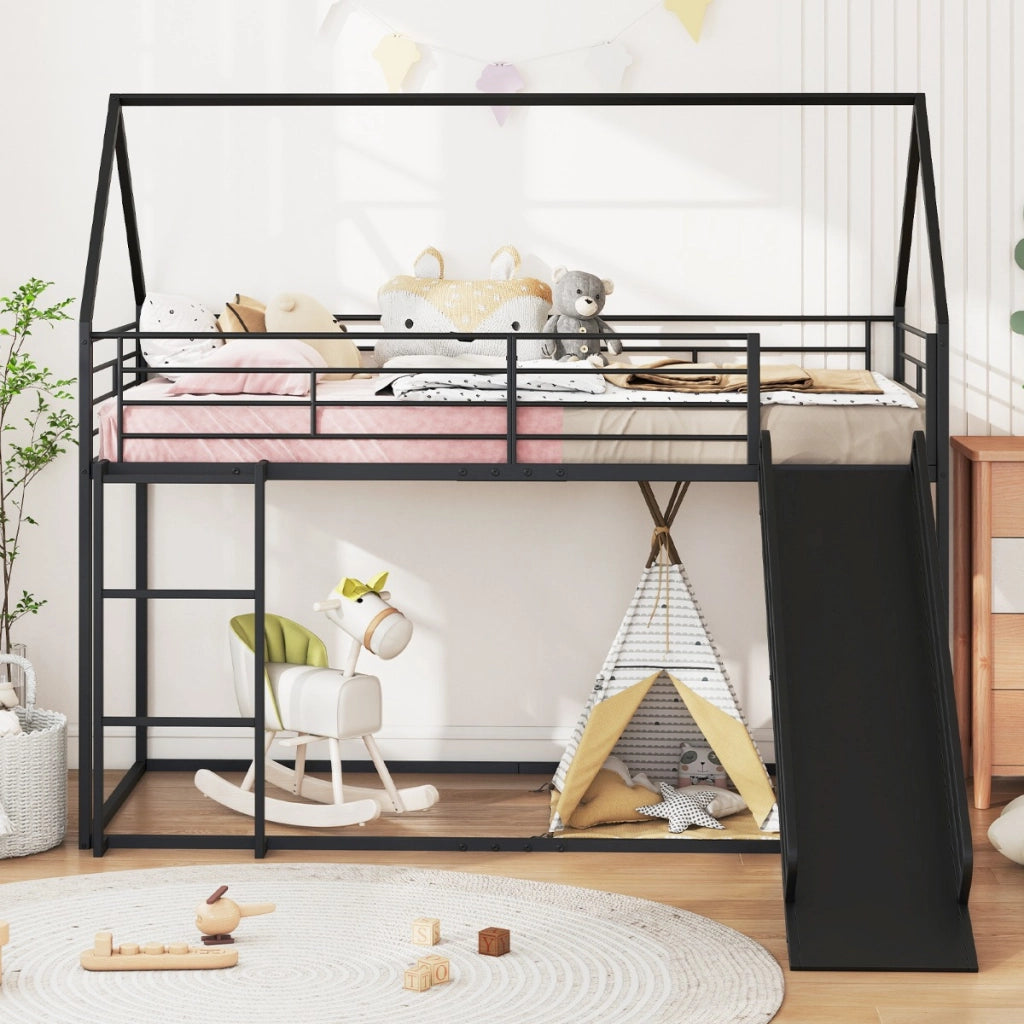 Loft con sponda di sicurezza e tetto di casa con scivolo e scala convertibili, Letto a castello basso doppio letto singolo Nero-Lettini per bimbi