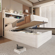 Letto 90x200 cm con contenitore idraulico e USB; testiera con vano in metallo; legno e tessuto bianco