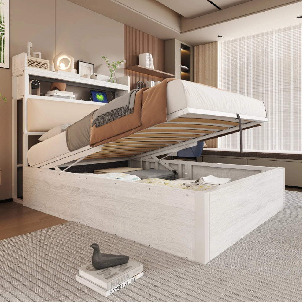 Letto 90x200 cm con contenitore idraulico e USB; testiera con vano in metallo; legno e tessuto bianco
