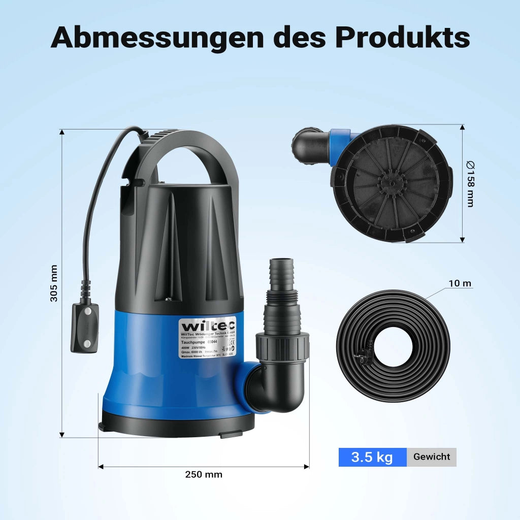 Pompa sommersa 400 W, pompa per acque reflue con portata max 6000 l/h, pompa a immersione, prevalenza max 7 m
